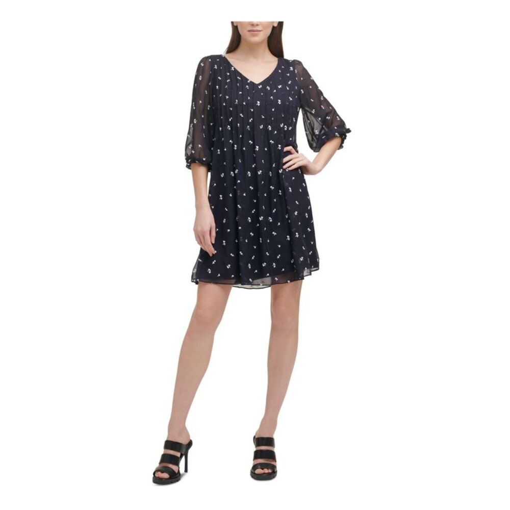 DKNY Womens Navy Yoke Lined Pouf Sleeve V Neck Short Wear To Work Shift Dress 2